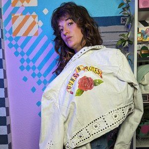 Discontinued Guns and Roses 80's Cropped White Leather Embellished Groupie Coat